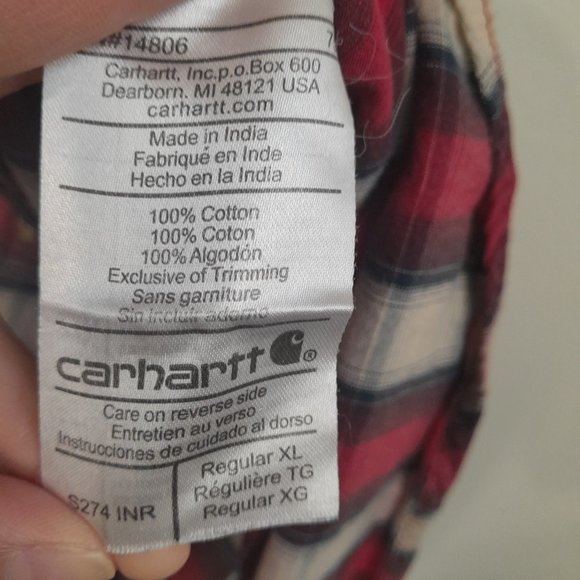 Carhartt Essential Plaid Short Sleeve Button Down Shirt Cotton Red Men's Size XL - Picture 8 of 9